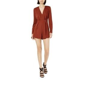 Leyden Womens Romper Rust Brown Medium M Satin Pleated Plunge V-Neck